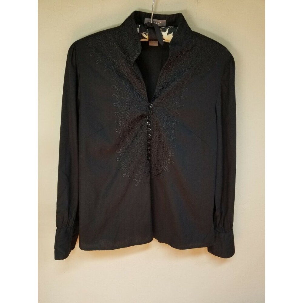 Kenar Womens Long Sleeves Top Embroider Popover Buttons Size Medium Black Cotton